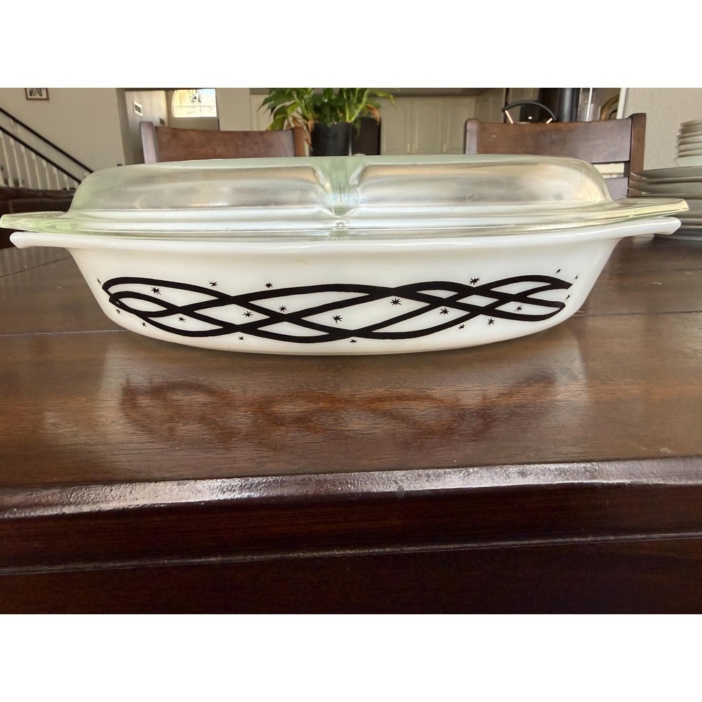 VTG MCM Rare Pyrex Stars & Barbed Wire Divided Oval Casserole Dish & Lid
